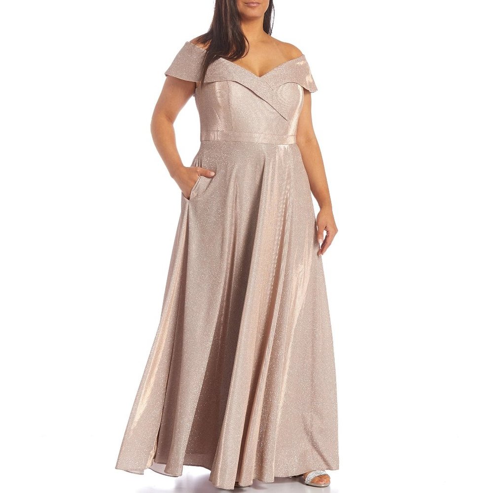 Xscape Off Shoulder Shimmer Sweetheart Neck Cap Sleeve Glitter Wrap Gown Z38